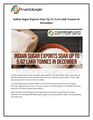 Indian Sugar Exports Soar Up To 5.62 Lakh Tonnes In December