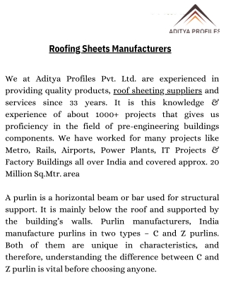 Roofing sheets manufacturers | Aditya Profiles Pvt. Ltd.