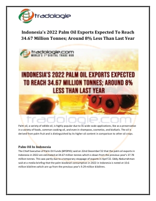 Indonesia’s 2022 Palm Oil Exports Expected To Reach 34.67 Million Tonnes; Around 8 Less Than Last Year