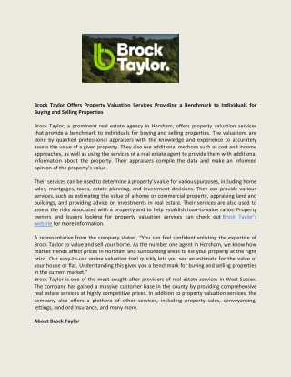 Brock Taylor Offers Property Valuation Services Providing a Benchmark to Individuals for Buying and Selling Properties