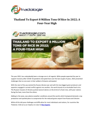 Thailand To Export 8 Million Tons Of Rice In 2022; A Four-Year High