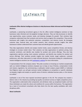 Leathwaite Offers Market Intelligence Solutions to Help Businesses Make Informed and Risk-Weighted Decisions