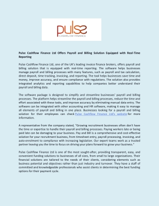 Pulse Cashflow Finance Ltd Offers Payroll and Billing Solution Equipped with Real-Time Reporting