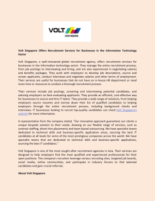 Volt Singapore Offers Recruitment Services for Businesses in the Information Technology Sector