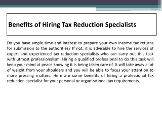 Benefits of Hiring Tax Reduction Specialists