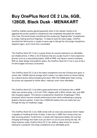 Buy OnePlus Nord CE 2 Lite, 6GB, 128GB, Black Dusk - MENAKART