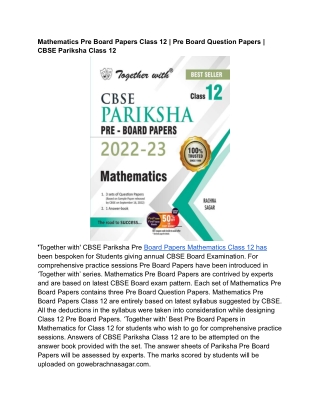 Mathematics Pre Board Papers Class 12 | Pre Board Question Papers | CBSE Pariksh