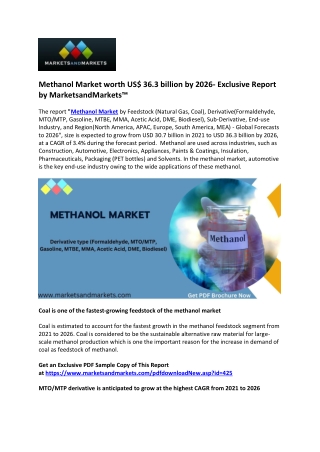 Methanol Market Forecasted to Reach US$ 36.3 billion by 2026- Exclusive Report b