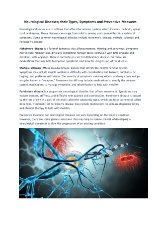 Neurological Diseases; their Types, Symptoms and Preventive Measures