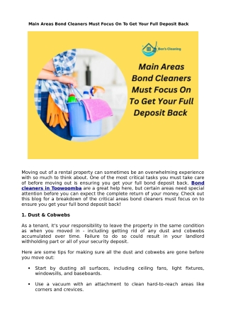 Main Areas Bond Cleaners Must Focus On To Get Your Full Deposit Back