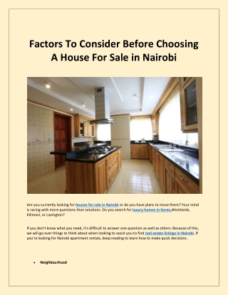 Factors To Consider Before Choosing A House For Sale in Nairobi