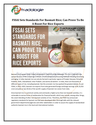 FSSAI Sets Standards For Basmati Rice; Can Prove To Be A Boost For Rice Exports