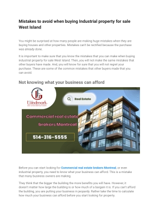 Mistakes to avoid when buying Industrial property for sale West Island
