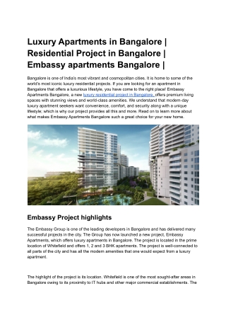 Embassy Apartment Bangalore | Luxury apartment in Bangalore | embassy villa |