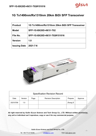 1G Tx1490nm/Rx1310nm 20km BiDi SFP Transceiver