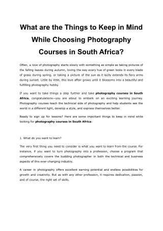What are the Things to Keep in Mind While Choosing Photography Courses in South
