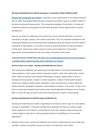 Nursing and Residential Care Market Growing at a Tremendous CAGR of 8.80 by 2028