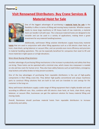 Visit Renowned Distributors- Buy Crane Services & Material Hoist for Sale