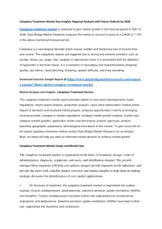 Cataplexy Treatment Market Key Insights, Regional Analysis with Future Outlook by 2028