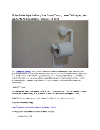 Global Toilet Paper Industry Size, Global Trends, Latest Techniques, Key Segment