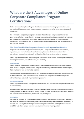 What are the 3 Advantages of Online Corporate Compliance Program Certification