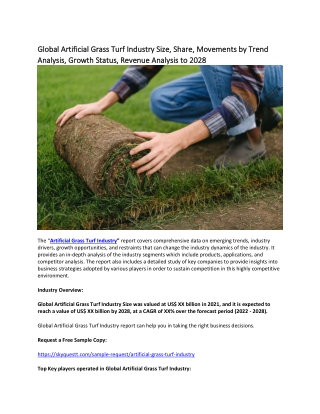 Global Artificial Grass Turf Industry Size, Share, Movements by Trend Analysis.