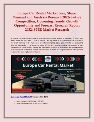 Europe Car Rental Market Size, Share, Demand and Analysis Research 2022-2032
