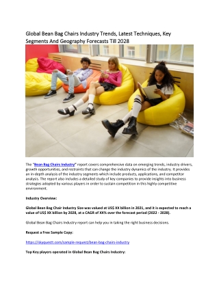 Global Bean Bag Chairs Industry Trends, Latest Techniques, Key Segments.