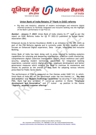 Union Bank of India Retains 2nd Rank in EASE reforms.