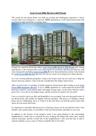 Arsis Green Hills Reviews KR Puram, Arsis Green Hills