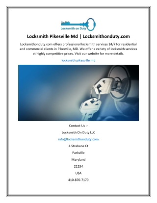 Locksmith Pikesville Md  Locksmithonduty.com