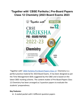 ‘Together with’ CBSE Pariksha _ Pre-Board Papers Class 12 Chemistry _2023 Board Exams 2023