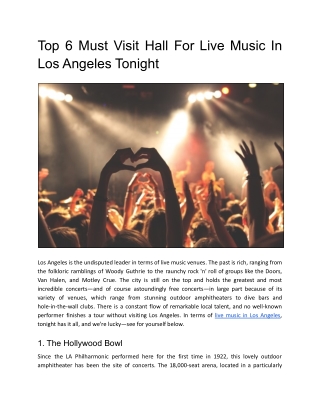 Top 6 Must Visit Hall For Live Music In Los Angeles Tonight