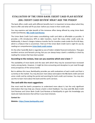 Evaluation of the Union Bank credit card plan Review ,RBL Credit Card Review What are the perks