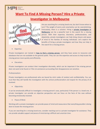 Want To Find A Missing Person Hire a Private Investigator in Melbourne