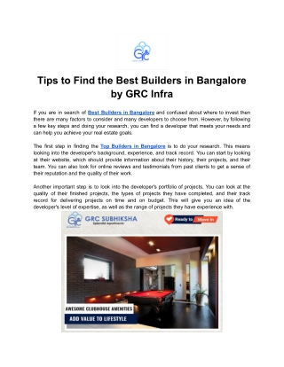 Tips to Find the Best Builders in Bangalore by GRC Infra