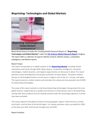 Bioprinting, Technologies and Global Markets