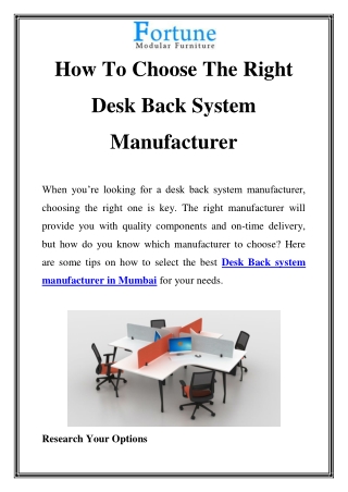 Desk Back System Manufacturer In Mumbai Call - 912222618352