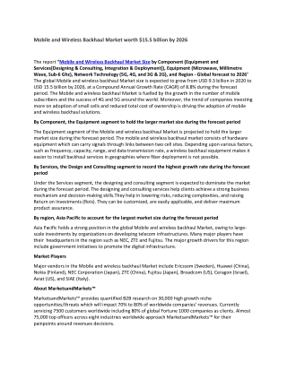 Mobile and Wireless Backhaul Market worth $15.5 billion by 2026