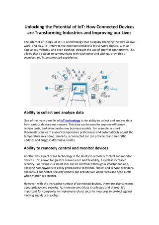 Unlocking the Potential of IoT How Connected Devices are Transforming Industries and Improving our Lives