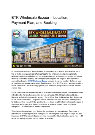 BTK Wholesale Bazaar – Location, Payment Plan, and Booking