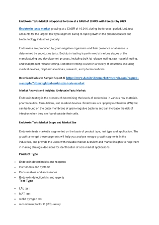 Endotoxin Tests Market is Expected to Grow at a CAGR of 10.04 with Forecast by 2029