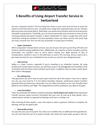 Switzerland Car Service - 5 Benefits of Using Airport Transfer Service