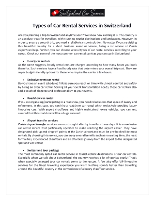 Switzerland Car Service - Types of Car Rental Services in Switzerland