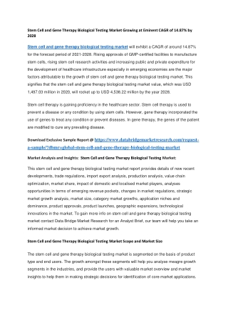 Stem Cell and Gene Therapy Biological Testing Market Growing at Eminent CAGR of 14.87 by 2028