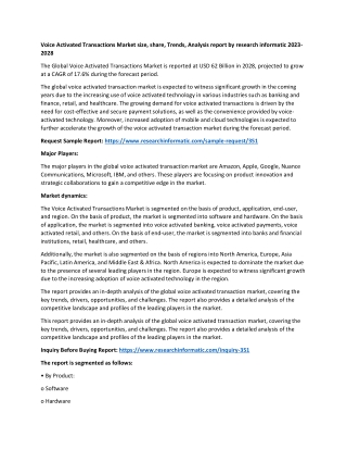 Voice Activated Transactions Market size, share, Trends, Analysis report by rese