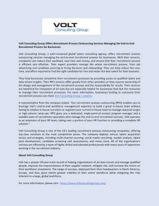 Volt Consulting Group Offers Recruitment Process Outsourcing Services Managing the End-to-End Recruitment Process for Bu