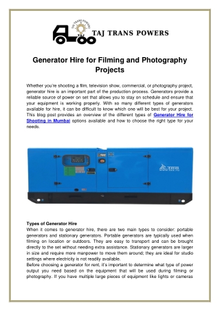 Generator Hire for Filming and Photography Projects