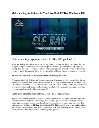 Make Vaping As Unique As You Like With Elf Bar Wholesale UK