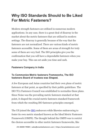 Why ISO Standards Should to Be Liked For Metric Fasteners